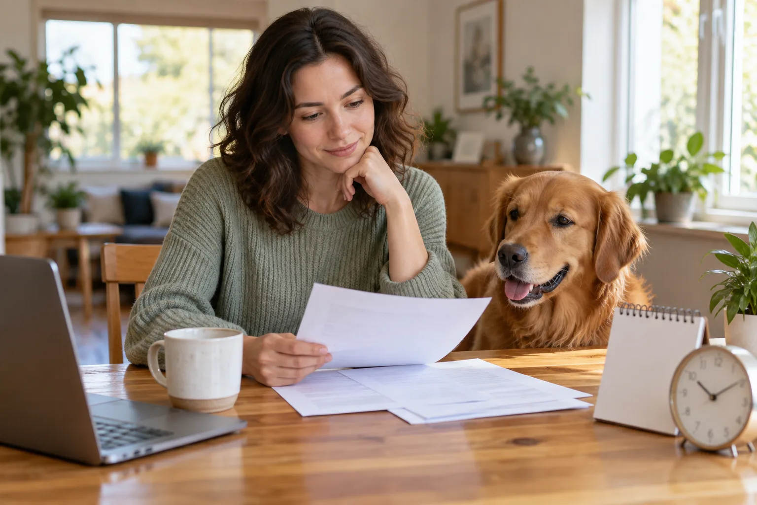 Owner comparing papers beside a dog at a kitchen table