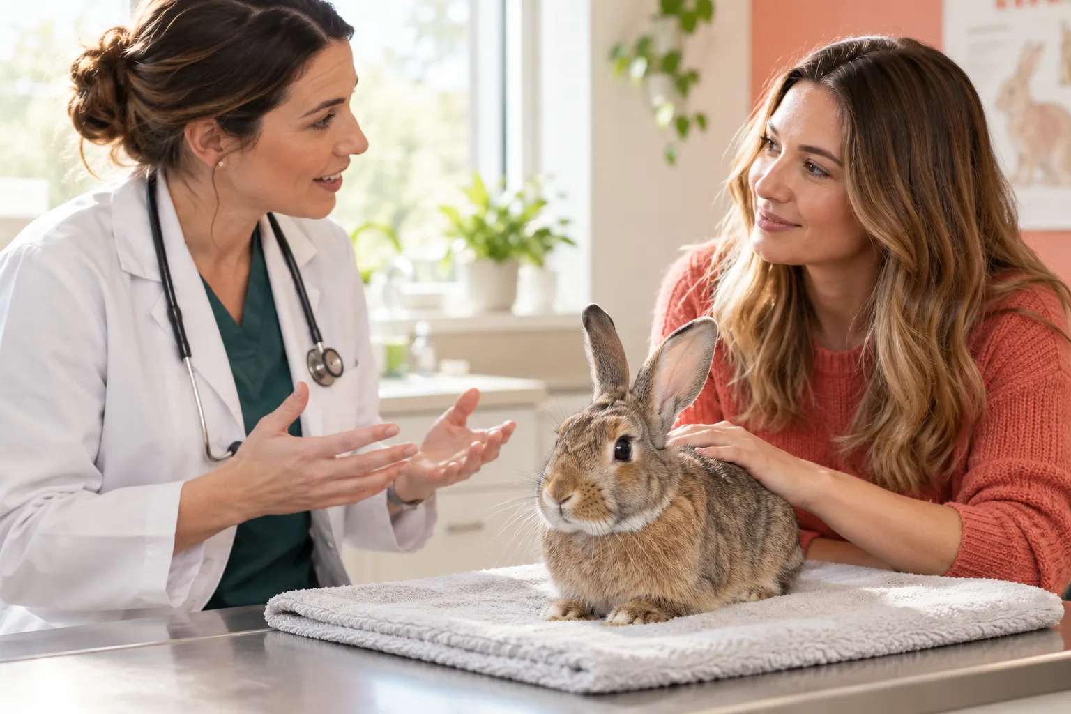 Veterinary professional examining a rabbit with its owner present